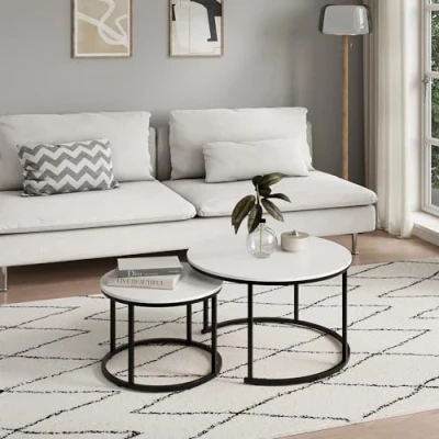 Abbildung von Couchtisch 2er Set rund aus Holz, Wohnzimmertisch Modern, Beistelltisch 2 in 1 mit Metallgestell für Wohnzimmer Büro Loft Design Twin Weiß