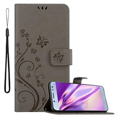 Abbildung von Cadorabo Hülle kompatibel mit Samsung Galaxy J5 2017 Blumen Design aus Kunst Leder Flip Klappbare Stoßfeste Magnetische [Standfunktion] [Kartenfächern] Cover für Tasche in Grau