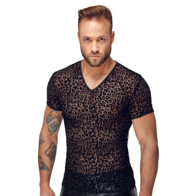 Abbildung von Shirt aus feinem Powernet mit Leo Samtflockprint