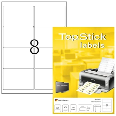 Abbildung von TopStick 8407 Adressetiketten, 25 Blatt, 99,1 x 67,7 mm, 8 pro A4 Bogen, 200 Stück, selbstklebend, bedruckbar, matt, blanko Papier Adressaufkleber Etiketten, weiß