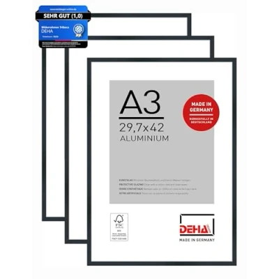 Abbildung von DEHA Design Bilderrahmen, 29,7 x 42 cm (A3) (3er Set), Aluminium, Schwarz matt, Posterrahmen zum Aufhängen im Hoch &amp; Querformat, bruchsicheres Kunstglas, Tribeca