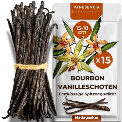 Abbildung von 15 Stück Vanilleschoten XL 18cm Bourbon Vanille Schoten aus Madagaskar GRAND CRU Jahrgang 2025 Vanillestangen fleischig &amp; aromatisch Zip Beutel VANESENCIA (15 Vanilleschoten)
