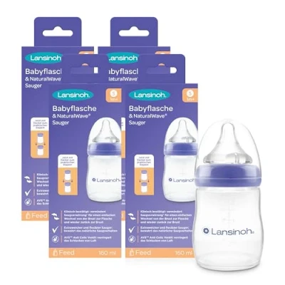 Abbildung von Lansinoh Babyflaschen Set mit NaturalWave Sauger Gr. S, 160 ml, 4er Pack Babyflasche im neuen kompakten Design für verbesserte Stabilität stapelbarem Deckel