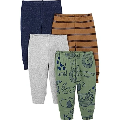 Abbildung von Simple Joys by Carter&#039;s Unisex Baby Hose Baumwolle, 4er Pack, Blau Heide/Braun Streifen/Grau Meliert/Olivgrün Tier, 0 Monate