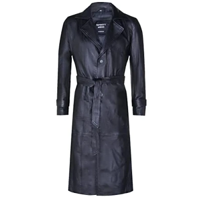 Abbildung von Infinity Leather Klassischer langer Trenchcoat in voller Länge aus schwarzem Leder für Herren 3XL