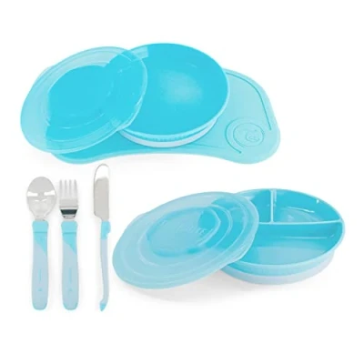 Abbildung von Twistshake Babygeschirr Set 6 Teilig 1x Baby Silikon Tischset Kinderteller geteilter Teller 3x Edelstahl Lernbesteck Geschirrset Geschirr für die Babyentwöhnung 6m+ Blau