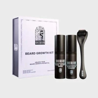 Abbildung von Odenson Beard Growth Kit Bartwuchsserum mit Capilia Longa Komplex und Aloe Vera für einen volleren, dichteren Bart Derma Roller das Bartwachstum bei Männern Reinigungs Spray