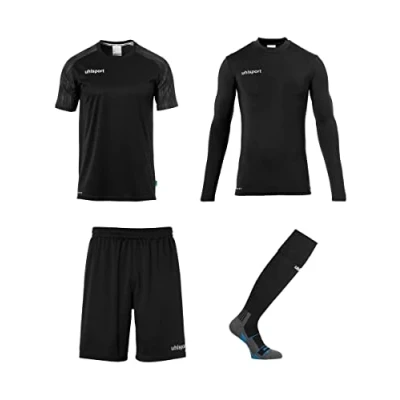 Abbildung von uhlsport REACTION GOALKEEPER Set Torwart Torhüter Fußball aus Shirts, Shorts, Baselayer und Fußballsocken/Stutzen, komplettes für Erwachsene Jugendliche schwarz/anthra Größe 152