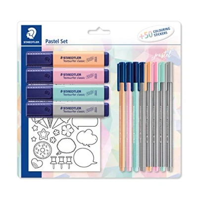 Abbildung von STAEDTLER Pastell Set zum Markieren, Schreiben und Malen, mit Finelinern, Filzstiften, Textmarkern Ausmal Sticker, in hoher Qualität, 61 SBK1 PA