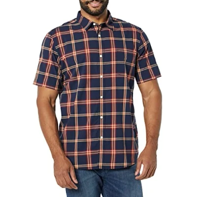 Abbildung von Amazon Essentials Herren Kurzärmeliges Hemd aus Popeline, Schmale Passform, Marineblau Rot Karomuster, XXL