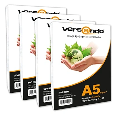 Abbildung von versando 2.000 Blatt Recyclingpapier DIN A5 EcoWhite 80g Kopierpapier Druckerpapier Öko Umweltpapier (148 x 210 mm)