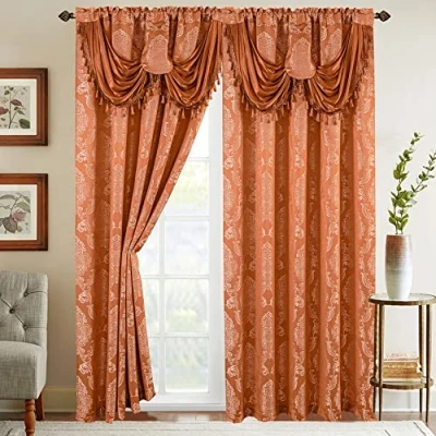 Abbildung von Elegant Comfort Vorhang Set in Jacquard Optik mit angenähtem Wasserfall Volant, 137 x 213 cm, Blush/Coral