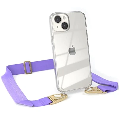 Abbildung von EAZY CASE Hülle mit Band kompatibel iPhone 14 Handyhülle Umhängeband für Silikonhülle Transparent Schutzhülle Handykette zum Umhängen Handykordel Smartphone in Lila Gold