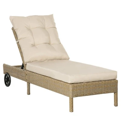 Abbildung von Outsunny Gartenliege Polyrattan Sonnenliege mit Rollen Kissen 4 stufig verstellbar, Rattanliege, 1 St., Gartenmöbel, Stahl Natur+Khaki 200 x 66 92 cm