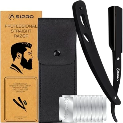 Abbildung von ASIPRO Rasiermesser Herren mit Etui &amp; 10 Wechselklingen, Barber Messer Straight Razor Ideal Bartmesser Set Klingen Friseur Wechselklingen