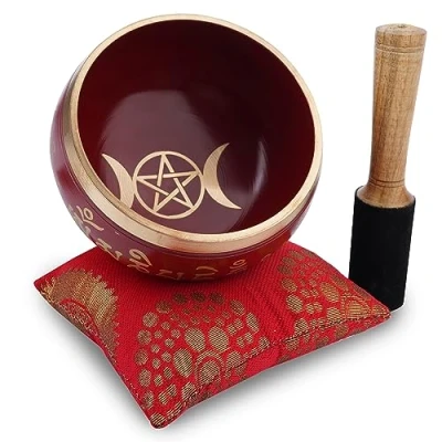 Abbildung von Ajuny Tibetisches Klangschalen Set Handgefertigte Mond Stern Schnitz Meditations Messing Schalen Rot 4 zoll mit Stab und Kissen für Yoga Klang Chakra Heilung Stressabbau Schale