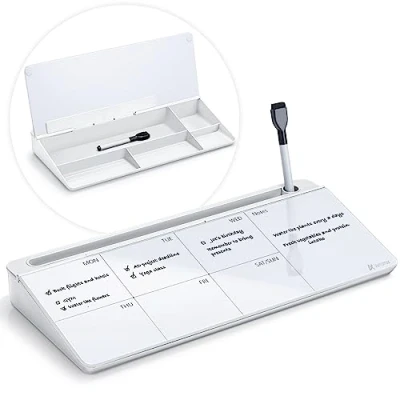 Abbildung von Varhomax Schreibtisch Organizer, Desktop Whiteboard Wochenplaner Glas Weiß Mit Aufbewahrung Abwischbar, To Do Liste, Notizblock und Tastaturständer für Homeoffice, Büro Schulbedarf