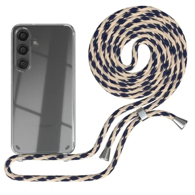 Abbildung von EAZY CASE Handykette kompatibel mit Samsung Galaxy S24 Kette zum Umhängen für Hülle Band aus Silikon stoßfeste transparente Handyhülle Fallschutz in Taupe Camouflage Clips Silber