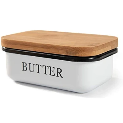 Abbildung von Theo&amp;Cleo Butterdose mit Holzdeckel, Butterglocke für 250 g Butter, Multi Funktion Butter Dish, Edlem &amp; Nachhaltigem Bambusdeckel, Weiß (Weiß)
