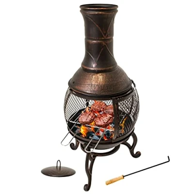 Abbildung von Lemodo Feuerstelle Gartenkamin aus Gusseisen mit Grillgitter, (1 Set, Komplett Set), Funkenschutztür und Grillgitter
