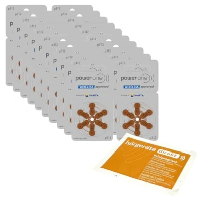 Abbildung von 120x Power One P312 Hörgerätebatterien PR41 (20x 6er Blister) + DIREKT Reinigungsbürste mit Magnet und Cerumenschlinge