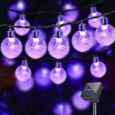 Abbildung von LQWELL® Solar Lichterkette Aussen 5M 15LED 8 Modi für Innen und Kettenlicht Kristall Kugeln IP44 Wasserdicht Garten Terrasse Balkon Hochzeit Party Fenster (Lila)