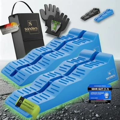 Abbildung von Sanders Auffahrkeile für Wohnmobil ideales [2er Set] Robuste Stufenkeile maximalen Halt Wohnwagen &amp; Anhänger Keile inkl. Tasche Wasserwaage