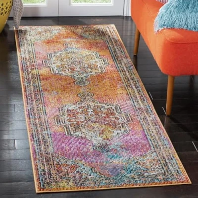 Abbildung von SAFAVIEH Boho Teppich für Wohnzimmer, Esszimmer, Schlafzimmer Crystal Collection, Kurzer Flor, Orange und Hellblau, 66 X 213 cm