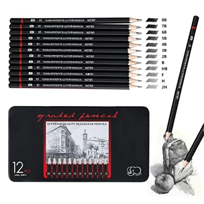Abbildung von ariel gxr Bleistift Set,12 Stück Zeichenstifte Skizzierstifte Set 8B 7B 6B 5B 4B 3B 2B B HB H 2H 4H Professionelle Bleistifte für Kinder Erwachsene Künstler Studenten Anfänger