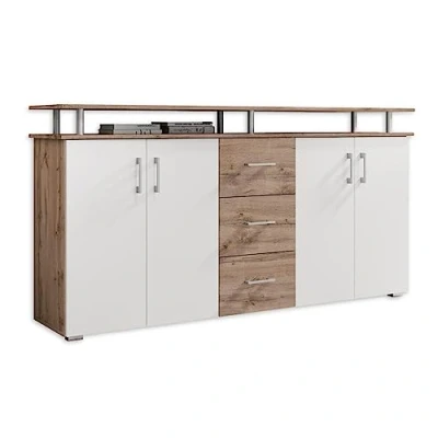 Abbildung von LIFT Highboard mit Ablage in Wildeiche Optik, Weiß Moderner Wohnzimmerschrank Schubladen und viel Stauraum für Ihren Wohnbereich 178 x 90 38 cm (B/H/T)