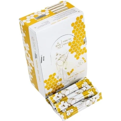 Abbildung von Honig Sticks 80 Stk. je 8 g süß Vorrats Box einzeln, laktose und glutenfrei für Kaffee oder Tee Gelbe Weiss spenderbox verpackt im Alubeutel