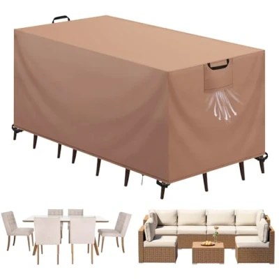 Abbildung von Aujink Abdeckung Gartenmöbel Winterfest, Wasserdichte Schutzhülle 420D Oxford Anti UV Abdeckplane für Gartentische Terrassenmöbel Regenschutz und Staubfest Abdeckhaube Khaki 125x63x74cm