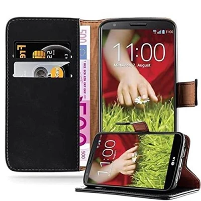 Abbildung von Cadorabo Hülle kompatibel mit LG G2 aus Premium Kunst Leder Flip Klappbare Stoßfeste Magnetische [Standfunktion] [Kartenfächern] Cover für Tasche in Schwarz