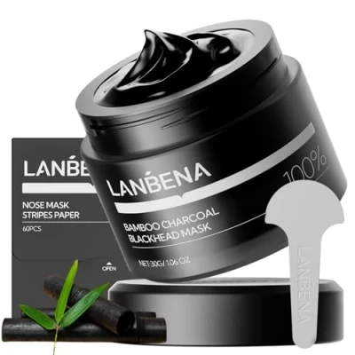 Abbildung von LANBENA 2.0 Bambuskohle Mitesserentfernung 60 Stück Nasenstreifen &amp; Peel Off Maske, Tiefenreinigende Porenbehandlung für Mitesser Whiteheads Purifying Charcoal Formel alle Hauttypen (30g)