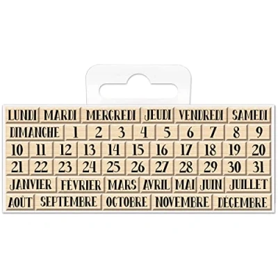 Abbildung von Mini Stempel aus Holz Kalender Monat Tage Termine 0,6 bis 1,7 cm 50 Stück