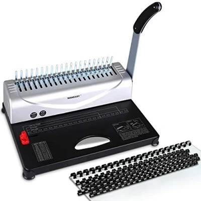 Abbildung von MAKEASY Bindegerät, Bindemaschine, 21 Löcher, bindet 450 Blatt, 12 Blatt Stanzkapazität, mit Starterkit 100 Stück PVC Bindung Stacheln, ideal für tägliche Office Dokumente