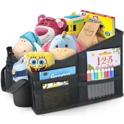 Abbildung von WOCVRYY Autositz Organizer Auto Kinder Rücksitz Zubehör Innenraum Frauen Beifahrersitz für Spielzeug Bücher Snacks mit Getränkehalter Gurtbefestigung