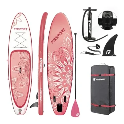Abbildung von FBSPORT Aufblasbares SUP Board, Stand Up Paddling Aufblasbare Paddle Board für 15CM Dick, Surfbrett Kit mit Verstellbares Aluminium Paddel+Pumpe(Flower Pink)