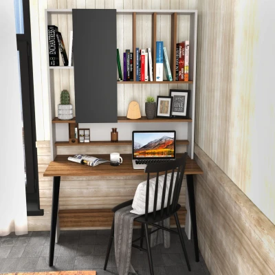 Abbildung von Schreibtisch mit Regal Fekadu B120cm Dunkles Holz, Weiß und Anthrazit Menzzo