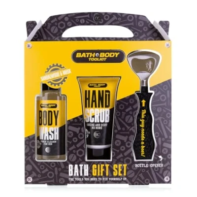 Abbildung von Accentra BATH + BODY TOOLKIT Geschenk set für Männer mit Flaschenöffner Pflegeset Herren 100ml Bade &amp; Duschgel, 50ml Hand Scrub im coolen Design