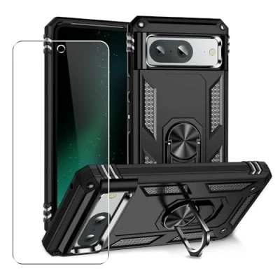 Abbildung von SDTEK Hülle Für Google Pixel 8a Starke Robuste Hybrid Telefonabdeckung Integriertem Magnetringhalter Glas Displayschutzfolie 360 (Schwarz)