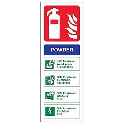 Abbildung von vsafety 11005 aj s Feuerlöscher Schild, Puder ID, selbstklebend, Hochformat, 100 mm x 280 mm, blau/grün/rot