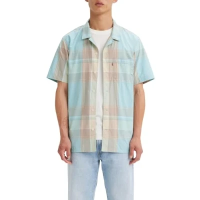 Abbildung von Levi&#039;s Herren Big &amp; Tall Sunset Camp Shirt Freizeithemd, Martin Plaid Pastel Turquoise, Braun, 1XL