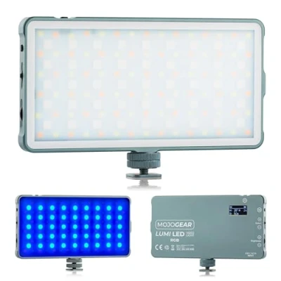 Abbildung von MOJOGEAR Lumi RGB LED Lampe Medium 12 W Robustes Metall 4000 mAh Akku Farben und weißes/gelbes Licht langlebige für Kamera/Studio/Video Grau