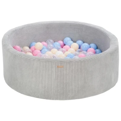 Abbildung von Bällebad Bällepool Bällebecken Spielbecken Kordsamt Bezug 200 Bälle rund ⌀90 cm (Farbe des Pools/der Bälle: grau/weiß, hellblau, rosa, cappuccinofarben)