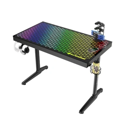 Abbildung von EUREKA ERGONOMIC Glas Gaming Tisch mit RGB 110 X 60 cm Schreibtisch Glass Gamer PC Computertisch Musik Sync, APP Steuerung, Kopfhörerhaken, Getränkehalter
