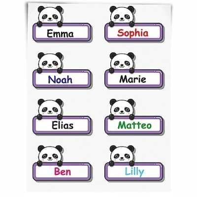 Abbildung von INDIGOS UG Namensaufkleber Kinde Schule 144 Sticker Panda ca. 50x30mm Niedliche Tierbabys Cartoon Aufkleber individuell personalisiert Kindergarten Stifte, Federmappe, Lineale