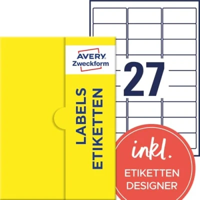 Abbildung von AVERY Zweckform P4784 50 Namensetiketten (1.350 Namensaufkleber, 63,5x29,6mm auf A4, selbstklebend, bedruckbare Textiletiketten Acetatseide für Laserdrucker, rückstandsfrei ablösbar) Blatt, weiß