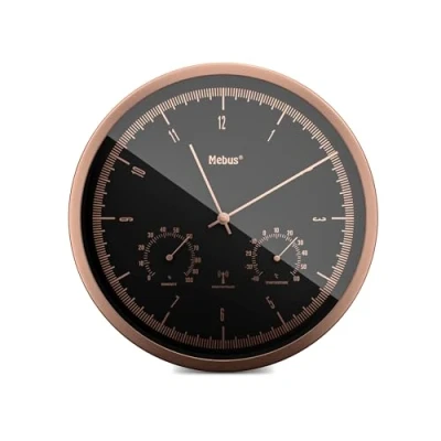 Abbildung von Mebus Funk Wanduhr TinyTime mit Thermo und Hygrometer ohne Tickgeräusche 25 cm Zifferblatt Schwarz Kupferfarbenes Gehäuse 1978