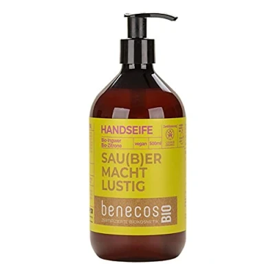 Abbildung von benecosBIO Handseife BIO Ingwer + Zitrone SAU(B) ER MACHT LUSTIG vegan recyceltes Plastik